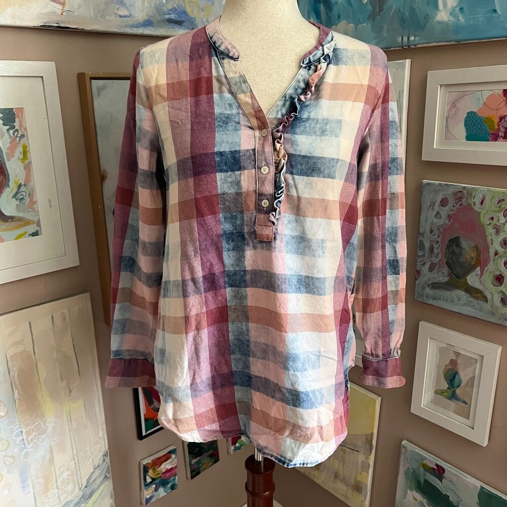 Isabella Sinclair Anthropologie Plaid‎ Ruffle Neck Boho Blouse Cottagecore XS
